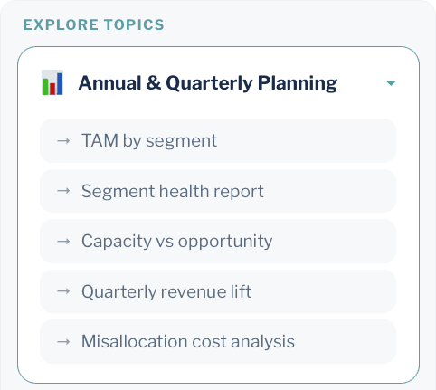 Annual & Quarterly Planning menu — TAM by segment, segment health report, capacity vs opportunity, quarterly revenue lift, and misallocation cost analysis
