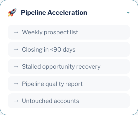 Pipeline Acceleration menu — weekly prospect list, closing in <90 days, stalled opportunity recovery, pipeline quality report, and untouched accounts